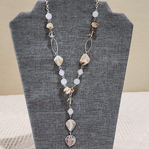 Abalone Shell Clear Glass Bead and White Bead Y Lariat Style Gold Necklace - Picture 6 of 12